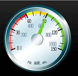 The image depicts a truck air pressure gauge with the needle pointing at 90 PSI, which is also indicated in kilopascals as approximately 600 kPa. The gauge features a multicolored scale with zones marked in red, yellow, and green, symbolizing different levels of air pressure safety and efficiency.