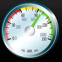 The image depicts a truck air pressure gauge with the needle pointing at 97 PSI, which is also indicated in kilopascals as approximately 669 kPa. The gauge features a multicolored scale with zones marked in red, yellow, and green, symbolizing different levels of air pressure safety and efficiency.