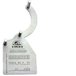 The image shows a brake adjustment measuring tool crafted from stainless steel, specifically designed for checking the adjustment limits of brake chambers in commercial vehicles. The tool features a curved arm with a pointed tip and a wide base where a detailed chart is engraved, listing the brake adjustment limits for different sizes and types of brake chambers. This chart provides essential data for technicians to ensure that brakes are within the safe operational thresholds, crucial for maintaining vehicle safety standards.