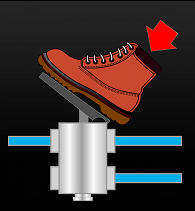 A diagram showing a boot pressing down on a foot valve in an air brake system. The foot valve is connected to blue air lines, indicating the flow of compressed air when the valve is activated. An arrow points to the heel of the boot, emphasizing the action of pressing the foot valve.