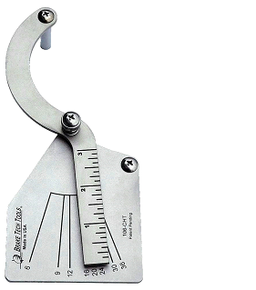 The image features a specialized measuring tool designed for assessing the stroke of brake chambers in heavy-duty vehicles. This precision instrument, crafted from stainless steel, includes a curved arm and a built-in ruler with graduated markings to provide accurate measurements. It is essential for ensuring that the stroke within the brake chamber is within specified limits, which is critical for the safe operation of air brake systems in commercial vehicles.