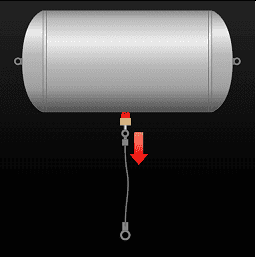 The image shows a graphical representation of a truck air tank with a drainage mechanism. The tank is depicted as a horizontal, cylindrical container in a metallic gray color, set against a dark background for contrast. A red arrow points to a small part at the bottom, connected to a pull cable, indicating the manual process required to drain condensation or other contaminants from the air tank.