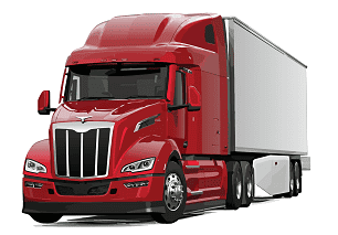 The image features a modern semi-truck in a striking red color, designed with a sleek, aerodynamic shape. The truck is equipped with a large cargo trailer, indicating its use for long-haul freight operations. Its prominent front grille and streamlined headlights emphasize its advanced engineering and robust capabilities.